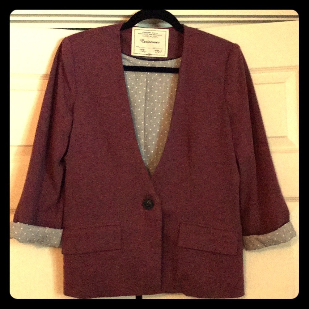 2-toned Maroon/grey blazer  from Anthropologie.